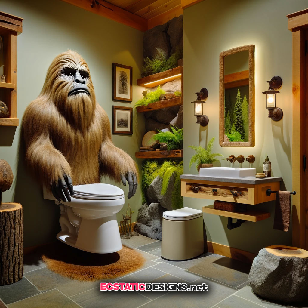 bigfoot toilet in forest themed bathroom
