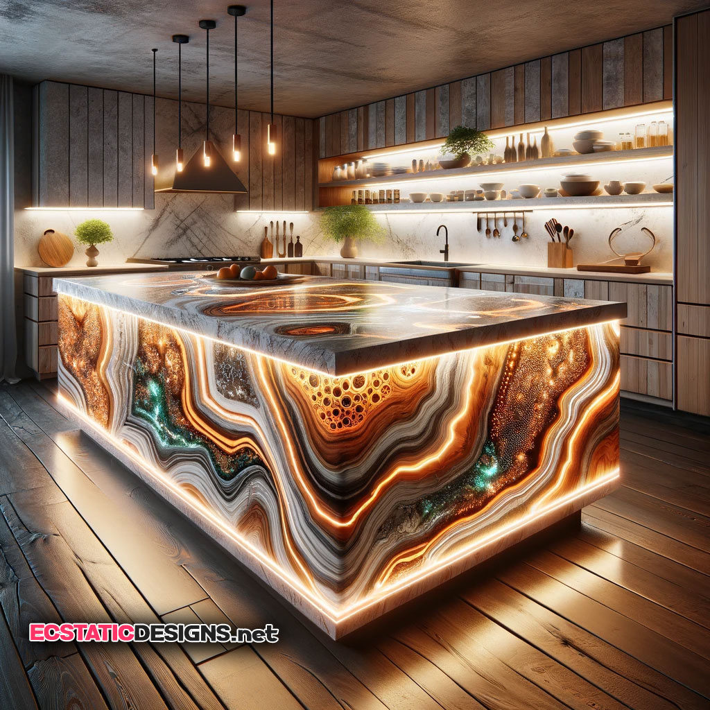 unique wood epoxy led kitchen island