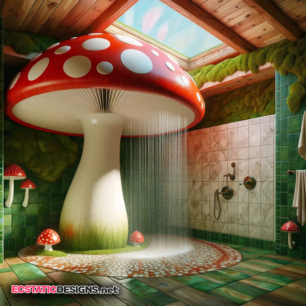 red classic shroom shower with white spots