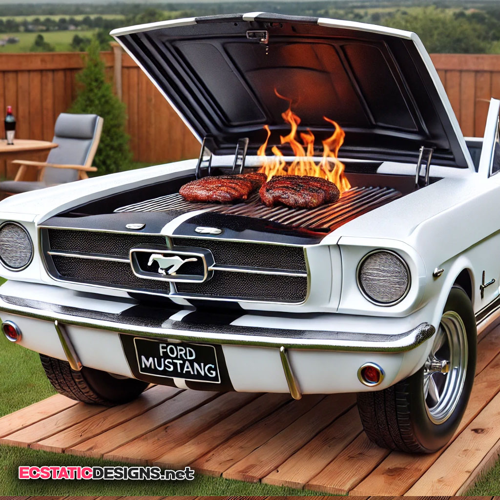 white Ford Mustang BBQ